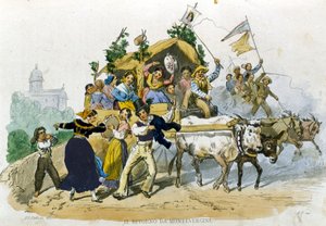 Los napolitanos regresan alegremente de la excursión a Montevergine. Dibujo de F. Palizzi de “Costumi del regno di Napoli” por De Bourcard de Filippo Palizzi