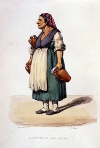 Pequeño comercio de la ciudad de Nápoles: vendedora ambulante de agua de azufre. Grabado después de una pintura de F. Palizza. De una obra de Francesco de Bourcard 