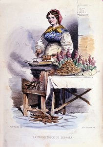 Pequeño negocio de la ciudad de Nápoles: vendedora ambulante de zeppolle, especialidad pastelera de Nápoles. Grabado después de una pintura de F. Palizza. De una obra de Francesco de Bourcard "Costumi del regno di Napoli"