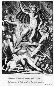 Ilustración de una escena de “La Jerusalén Liberada” (La gerusalemme liberata) de Torquato Tasso (conocido como el Mug). “Tartarei Numi, di seder piu degni La sovra il Sole...” Canto IV. Ilustración de Filippo PISTRUCCI (1782-1859)
