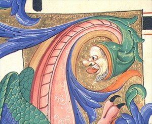 Misal 515 f.73v Follaje zoomórfico que representa una cabeza masculina haciendo una mueca, (detalle) de la decoración de una inicial historiada de un Libro de Coro ejecutado antes de 1449 de Filippo di Matteo Torelli