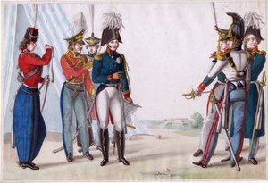 Alejandro Ier, zar de Rusia (1777-1825) - Zar Alejandro I y oficiales rusos - Finert (Finart), Noel Dieudonne (1797-1852) - 1815 - Acuarela sobre papel - 23,3x34,5 - Colección particular de Finart Noël Dieudonné