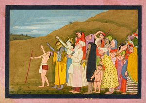Krishna y su familia admiran un eclipse solar, quizás una página del "Bhagavata Purana" de Kangra/Modi de First generation after Nainsukh
