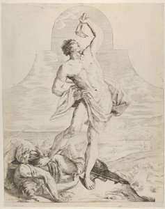 Sansón sosteniendo la quijada de un asno sobre su cabeza y de pie junto a los filisteos, ca. 1640-60 de Flaminio Torre