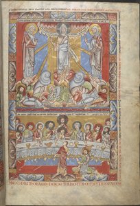 Agregar. 17738, f.4 Miniatura de página completa en dos registros, de la Transfiguración de Cristo y la Última Cena, ilustraciones de 