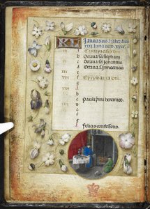 Agregar MS 38126 f.1v Página de calendario para enero, con una miniatura redonda de dos hombres calentándose ante un fuego, de un 