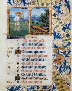 Calendario, junio, un campesino segando y el signo de cáncer. Página tomada de un libro de horas ms. 47, iluminado por la escuela flamenca. Siglo XVI Badia de 