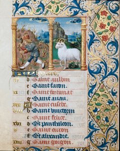 Calendario, el mes de marzo, un campesino sembrando y el carnero. Página tomada de un libro de horas ms. 47, iluminado por la escuela flamenca. Siglo XVI Badia de 