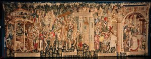 Catedral (La Seo, Catedral del Salvador de Zaragoza). El museo de tapices. Tapiz flamenco. La leyenda de la Santa Cruz (La leyenda de la Santa Cruz). California. 1450. 430x1120cm. de Flemish School