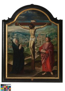 Panel central del tríptico con la Crucifixión y textos (óleo sobre tabla) de Flemish School