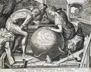 Personajes inclinados sobre el globo con compás (alegoría de la geometría) - grabado, Flandes de Flemish School