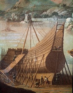 Construcción de un galeón en un astillero en Génova (detalle) de Flemish School