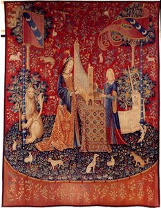 Cortina de la Dama del Unicornio: el oído. Tapiz de lana y seda hecho entre 1484 y 1500. Del Castillo de Boussac, Creuse. Museo Nacional de la Edad Media, Termas de Cluny, París de Flemish School
