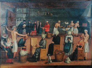 Decapitación y sustitución de las cabezas por coles: hornear las cabezas y maquillarlas (óleo sobre lienzo) de Flemish School