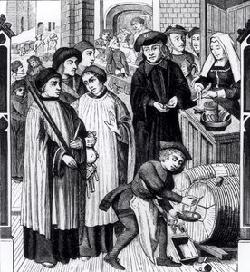 Impuestos sobre los vinos, concedidos al Capítulo de Tournai por el rey Chilperico, después de una ventana de la Catedral de Tournai de Flemish School