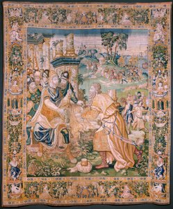 Tapiz flamenco. A Alejandro se le ofrece una corona. Taller de Oudenaarde. 384x316cm. Inv (83024)-5/00009. Siglo XVII. de Flemish School