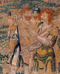 Tapiz flamenco. Hasdrúbal, hermano de Aníbal, hecho prisionero por los romanos. Taller de Oudenaarde. 347x407cm. Inv 00005. de Flemish School