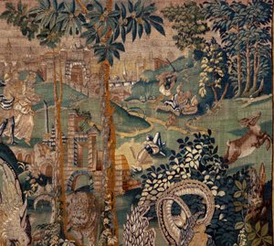 Tapiz flamenco. Paisaje con pérgola y grandes bestias, con 2 columnas. Taller de Oudenaarde. 319x508cm. Inv 0023. Siglo XVII. de Flemish School