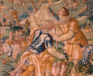 Tapiz flamenco. Campamento militar cerca del río Granikos. Taller de Oudenaarde. 377x393cm. Inv 83104-9/00011. siglo 17. de Flemish School