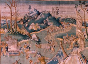Tapiz flamenco. Campamento militar cerca del río Granikos. Taller de Oudenaarde. 377x393cm. Inv 83104-9/00011. siglo 17. de Flemish School