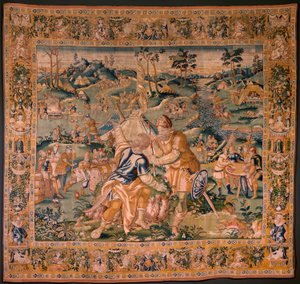 Tapiz flamenco. Campamento militar cerca del río Granikos. Taller de Oudenaarde. 377x393cm. Inv 83104-9/00011. siglo 17. de Flemish School