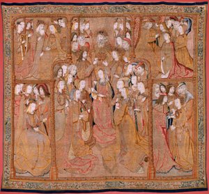 Tapiz flamenco. Serie Devoción de Nuestra Señora o Paños de Oro. La Coronación de la Virgen (La Coronación de la Virgen). Cuarto tapiz de la serie. Modelo Dibujante del círculo de Colyn de Coter. Fabricación Pieter van Aelst, Bruselas. Ca 1500-15