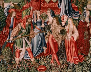 Tapiz flamenco. Serie Redención Humana o Vicios y Virtudes. Los vicios llevan al Hombre al pecado (Los Vicios conducen al Hombre al pecado). Segundo tapiz de la serie (primero de los conservados en Palencia. Fabricación bruselense, taller. Ca. 1510. Medida de Flemish School