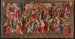 Tapiz flamenco. Serie Redención Humana o Vicios y Virtudes. Los vicios llevan al Hombre al pecado (Los Vicios conducen al Hombre al pecado). Segundo tapiz de la serie (primero de los conservados en Palencia. Fabricación bruselense, taller. Ca. 1510. Medida de Flemish School