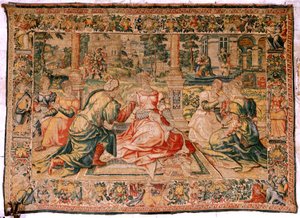 Tapiz flamenco. Serie Marco Antonio y Cleopatra. Cleopatra y su corte (Cleopatra en su corte). Caricatura modelo atribuida a Pieter Coecke van Aelst. Fabricación Bruselas (?). Segunda mitad del siglo XVI. Tela Seda y lana. Tamaño 310 x 435 cm. Origen de Flemish School