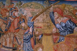 Flemish tapestry. Series Moralities: The virtue of the honours (De deugd van de Honores, La Virtud de los honores). Ca 1520. Detail de Flemish School
