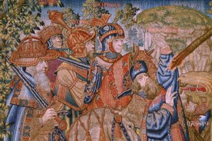 Flemish tapestry. Series Moralities: The virtue of the honours (De deugd van de Honores, La Virtud de los honores). Ca 1520. Detail