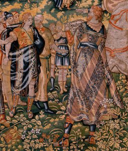 Tapiz flamenco. Serie Historia de Ciro. No II Astiages reconoce a Ciro (Ciro reconocido por Astiages). Anónimo, basado en Michiel Coxcie. Taller Amberes. Seda y lana. hacia 1590. de Flemish School