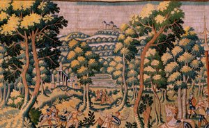 Tapiz flamenco. Serie Historia de Ciro. No II Astiages reconoce a Ciro (Ciro reconocido por Astiages). Anónimo, basado en Michiel Coxcie. Taller Amberes. Seda y lana. hacia 1590. de Flemish School