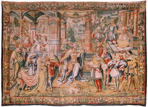 Tapiz flamenco. Serie Historia de David. David antes de Saúl (David ante Saúl). Modelo de Bernard van Orley. Fabricación Bruselas. Ca1525. Tela Seda y lana. Tamaño 560 x 410 cm. Ubicación Catedral de Burgos. Origen Un legado a la catedral en 1535 por Card de Flemish School