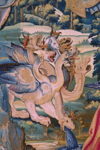 Tapiz flamenco. Serie El Apocalipsis: San Miguel derrotando al dragón. Atelier Willem Dermoyen, Bruselas. Ca 1553-1555. Detalle. de Flemish School