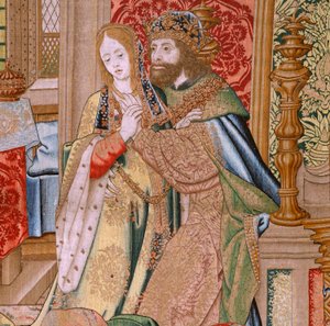 Tapiz flamenco. Serie La Historia de David y Betsabé. Matrimonio de David y Betsabé (Casamiento de David y Betsabé). Segundo panel de la serie. Modelo Anónimo. Fabricación Desconocida, Bruselas. 1505. Tejido Oro, seda y lana.