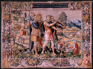 Tapiz flamenco. Serie La Historia de Aníbal. El cruce de los Alpes (Paso de los Alpes). Segundo tapiz de los conservados. Modelos Maestro anónimo de los Países Bajos. Fabricación de Bruselas, taller. Ca 1570. Tejido Lana y seda, 6,5/7 urdimbres por de Flemish School