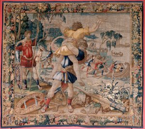 Tapiz flamenco. Serie Los Trabajos de Hércules. Hércules y Anteo (Hércules y Anteo). Cuarto tapiz de la serie existente. ; Modelo desconocido. Fabricación Willem Dermoyen, Bruselas. Ca 1528. Tejido Seda y lana. Tamaño 362 x 403 cm. Ubicación Palacio Real de Flemish School
