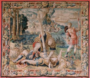 Flemish tapestry. Series The Labours of Hercules. Hercules battling the Minotaur (Hércules luchando con el Minotauro). Hércules luchando con el Minotauro). Second tapestry in the extant series. Model Unknown. Manufacture Willem Dermoyen, Brussels. Ca 1528.