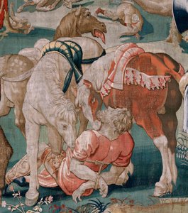 Tapiz flamenco. Serie Los Trabajos de Hércules. Los caballos de Diomedes (Los caballos de Diomedes). Tercer tapiz de la serie existente. Modelo desconocido. Fabricación Willem Dermoyen, Bruselas. Ca1528. Tela Seda y lana. Tamaño 350 x 400 cm. Ubicación rea
