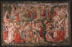 Tapiz flamenco. Serie La Parábola de los Obreros de la Viña. La llamada a los trabajadores (La llamada a los trabajadores). Primer tapiz de la serie. Manufactura Bruselas, talleres de Pieter van Aelst(?). Ca 1500. Tejido Seda y lana, 6 urdimbres pe de Flemish School