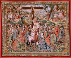 Tapiz flamenco. Serie La Pasión de Cristo. El Descendimiento de la Cruz (Descendimiento). Segunda serie de tapices de la Pasión de Cristo pertenecientes al Patrimonio Nacional. Dibujantes modelo del círculo de Jan van Roome. Manufactura Pieter va