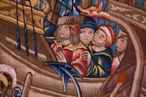Tapiz flamenco. Serie Los portugueses en la india: La llegada a Calicut (De Aankomst in Calicut, Llegado de Vasco de Gama a Lisboa). Ca 1510. Colección Caixa Geral de Depósitos, Lisboa. Detalle. de Flemish School