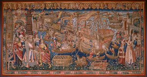 Tapiz flamenco. Serie Los portugueses en la india: La llegada a Calicut (De Aankomst in Calicut, Llegado de Vasco de Gama a Lisboa). Ca 1510. Colección Caixa Geral de Depósitos, Lisboa.
