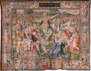 Tapiz flamenco. Serie Las Siete Virtudes. Justicia (La Justicia). Modelo basado en Michiel Coxcie. Fabricación Bruselas. Fabricación por Frans Geubels. Ca 1560-1570. Tela Seda y lana. Tamaño 330 x 450 cm. Ubicación Catedral de Burgos. Origen Un legado a t