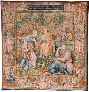 Tapiz flamenco. Serie Las Siete Virtudes. Templanza (La Templanza). Modelo basado en Michiel Coxcie. Fabricación Bruselas. Fabricación por Frans Geubels. Ca1560-1570. Tela Seda y lana. Tamaño 330 x 320 cm. Ubicación Catedral de Burgos. Origen Un legado t de Flemish School