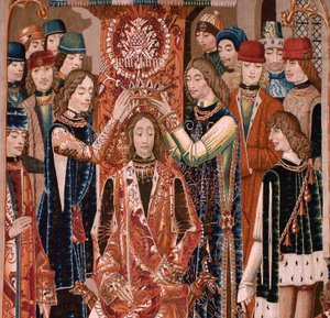 Tapiz flamenco. Serie Desconocida. historia romana? Tarquinius Prisco (Tarquino Prisco). ¿Fabricación en los talleres de Bruselas?. Ca 1475. Tejido Lana y seda, 6 urdimbres por cm. Origen Donación del Conde Alba de Aliste, llegó a la catedral en 1608. ; Lo
