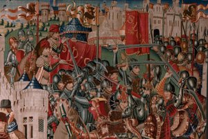 Tapiz flamenco. Serie Desconocida. historia romana? Tarquinius Prisco (Tarquino Prisco). ¿Fabricación en los talleres de Bruselas?. Ca 1475. Tejido Lana y seda, 6 urdimbres por cm. Origen Donación del Conde Alba de Aliste, llegó a la catedral en 1608. ; Lo de Flemish School