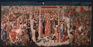Tapiz flamenco. Serie Desconocida. historia romana? Tarquinius Prisco (Tarquino Prisco). ¿Fabricación en los talleres de Bruselas?. Ca 1475. Tejido Lana y seda, 6 urdimbres por cm. Origen Donación del Conde Alba de Aliste, llegó a la catedral en 1608. ; Lo de Flemish School