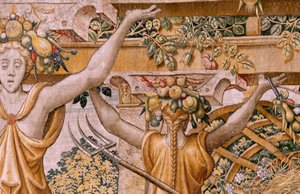 Tapiz flamenco. Serie Vertumnus y Pomona. No II Vertumnus transformado en agricultor (Vertumno y Pomona II Vertumno transformado en agricultor) no1 parte izquierda. Modelos Círculo de Pieter Coecke Van Aelst y Léonard Thiry. Atelier desconocido, Bruselas.  de Flemish School